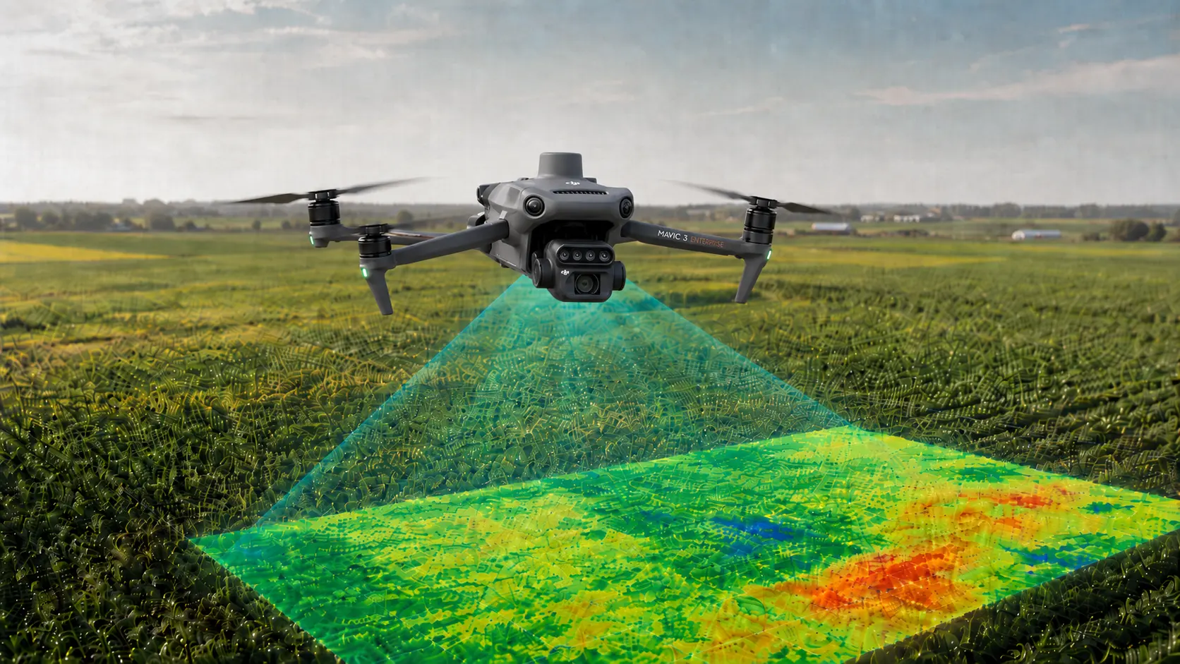 Mavic 3M-style mapping visualization over a crop field